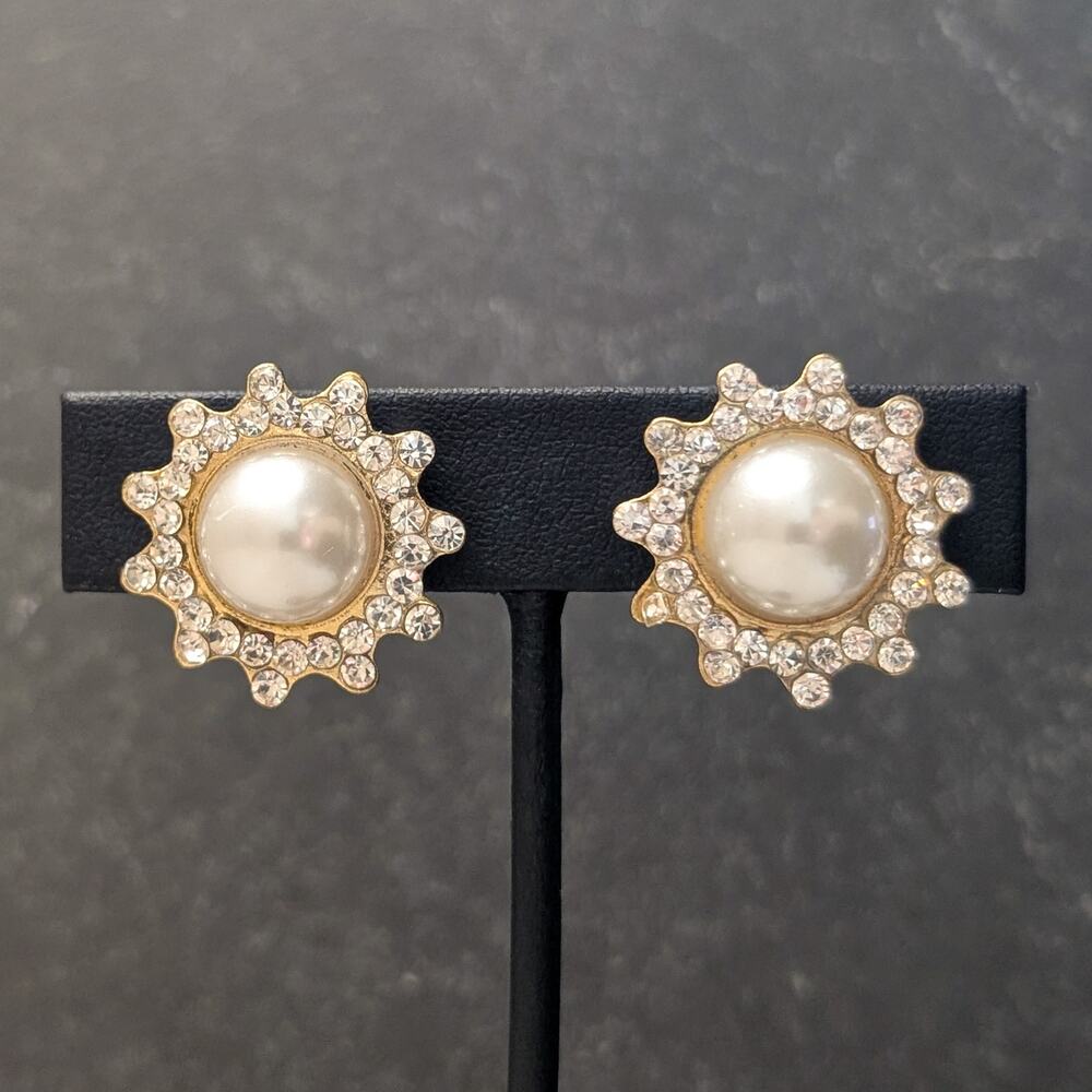 Vintage Clip On Earrings Large 7/8" Faux Pearl with Star Shaped Clear Gem Halo